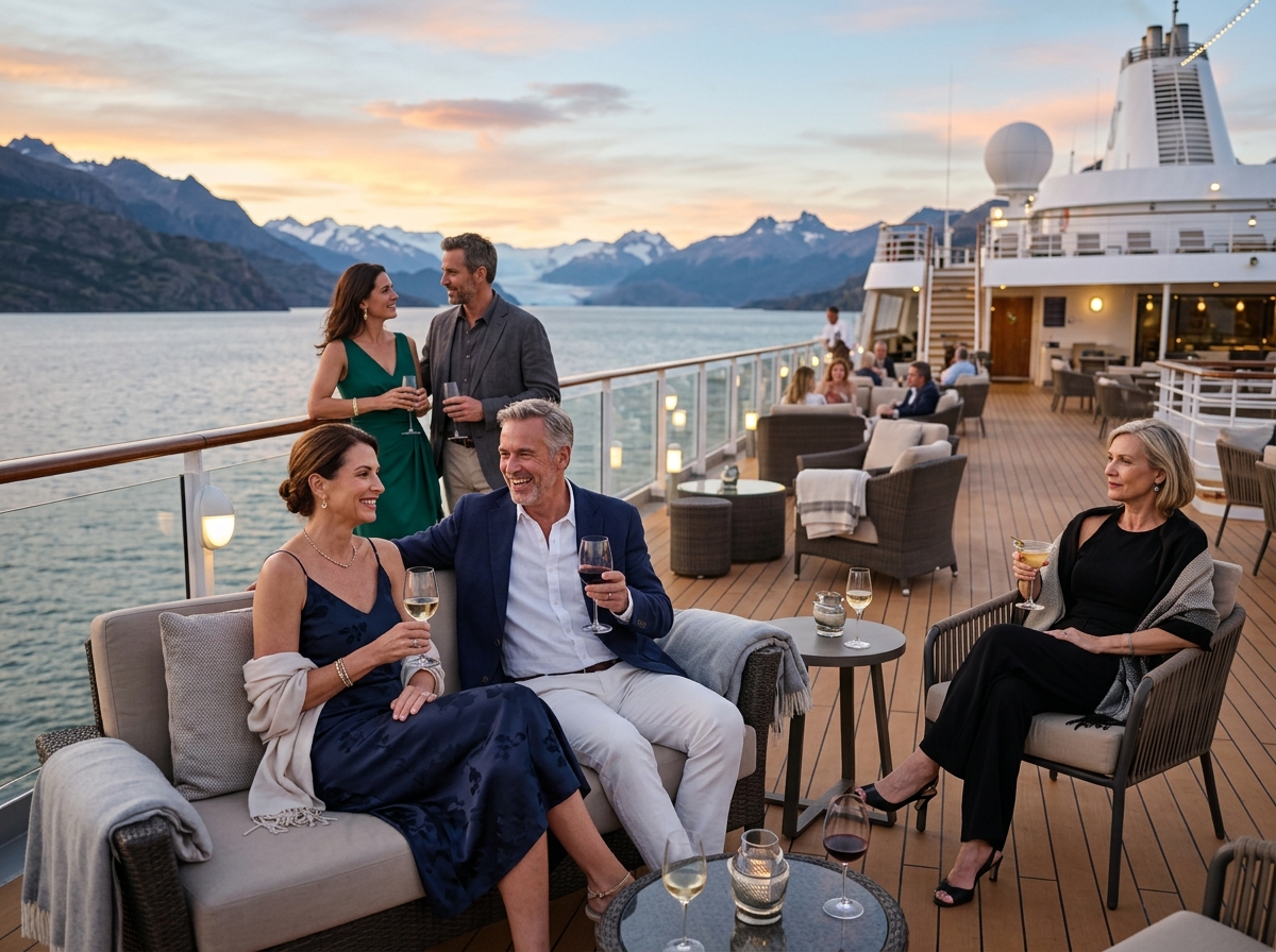 Adult travelers relaxing on a sophisticated cruise deck