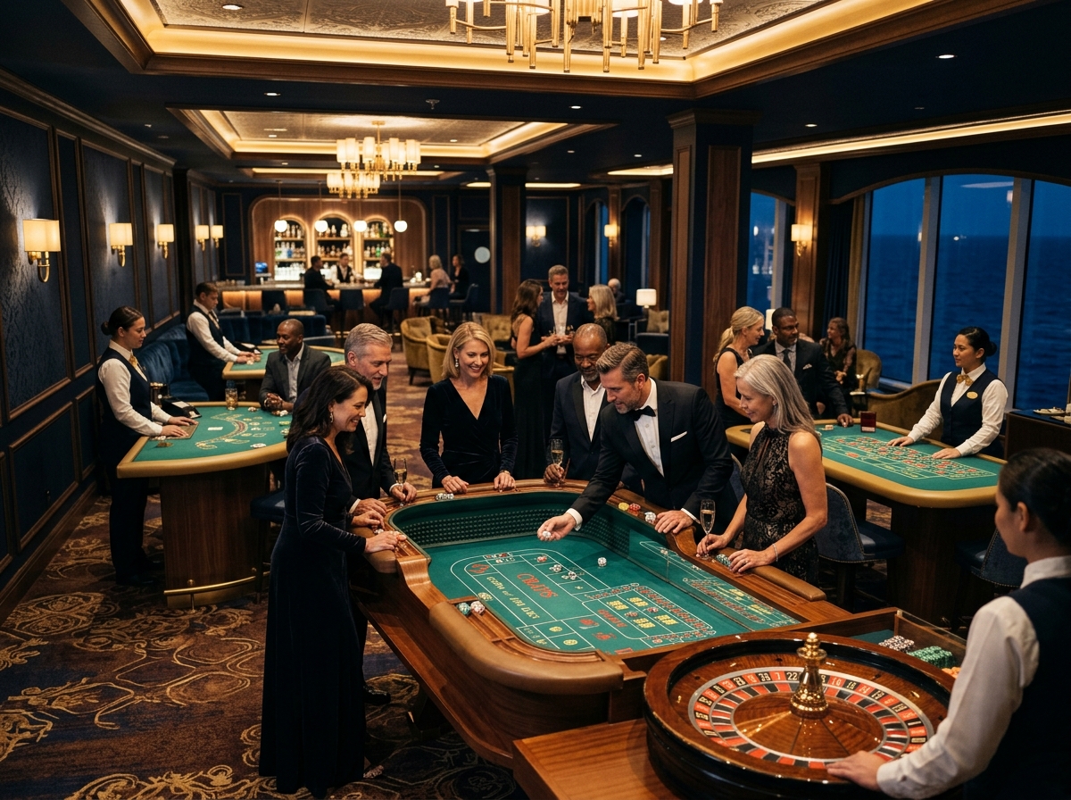 Elegant casino lounge inside a modern cruise ship