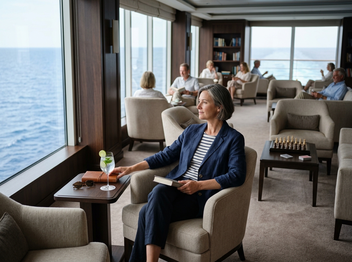 Adult traveler taking a calm break in an ocean-view lounge